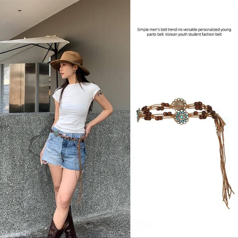 Boho Chic Wood Bead & Cord Tie Waist Belt